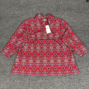 Foxcroft Tammy Geometric Tile Knit Crepe 3/4 Sleeve Popover Shirt NWT Size 1X